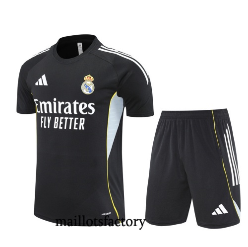 Grossiste Maillot d'entrainement Real Madrid Enfant + Shorts 2025/26 Noir/Blanc/Jaune Kit