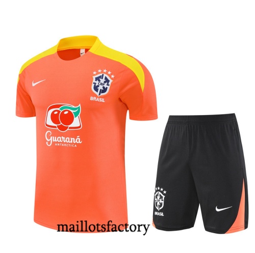 Grossiste Maillot d'entrainement Brésil Enfant + Shorts 2025/26 Orange/Noir/Jaune Kit