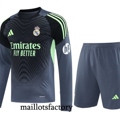 Soldes Maillot d'entrainement Gardien De But Real Madrid Manche Longue + Shorts 2025/26 Gris/Noir Kit