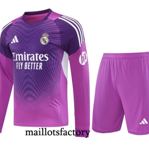 Grossiste Maillot d'entrainement Gardien De But Real Madrid Manche Longue + Shorts 2025/26 Violet/Blanc Kit