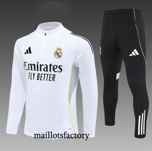 Achetez Survetement Enfant Real Madrid 2025/26 Blanc/Noir/Jaune